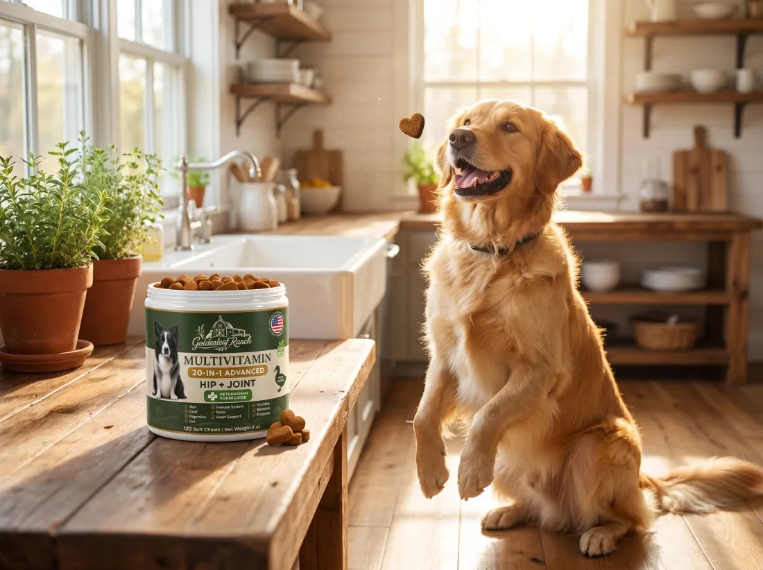 A golden retriever catching a Goldenleaf soft chew in the kitchen