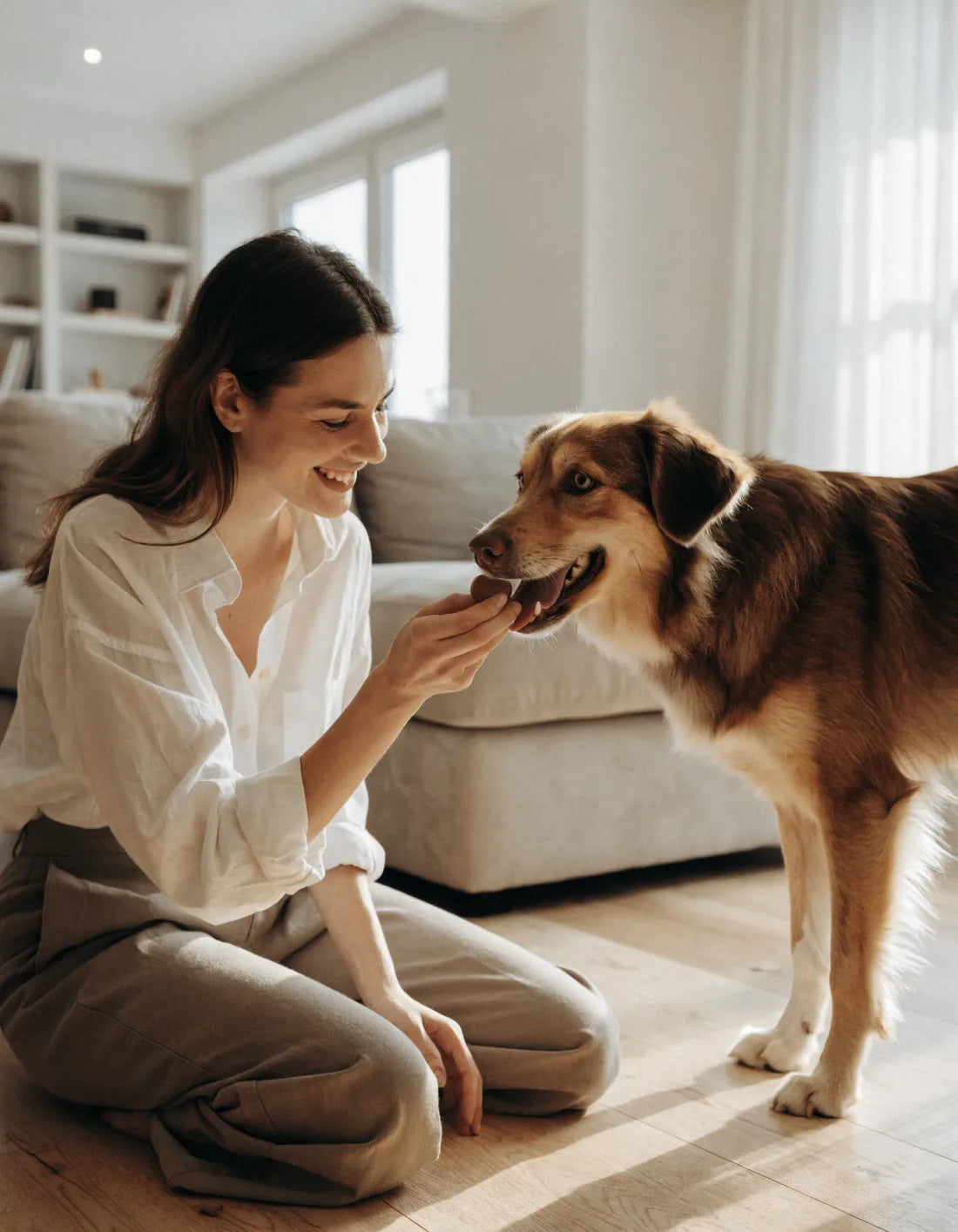 A dog owner giving her dog the daily chew