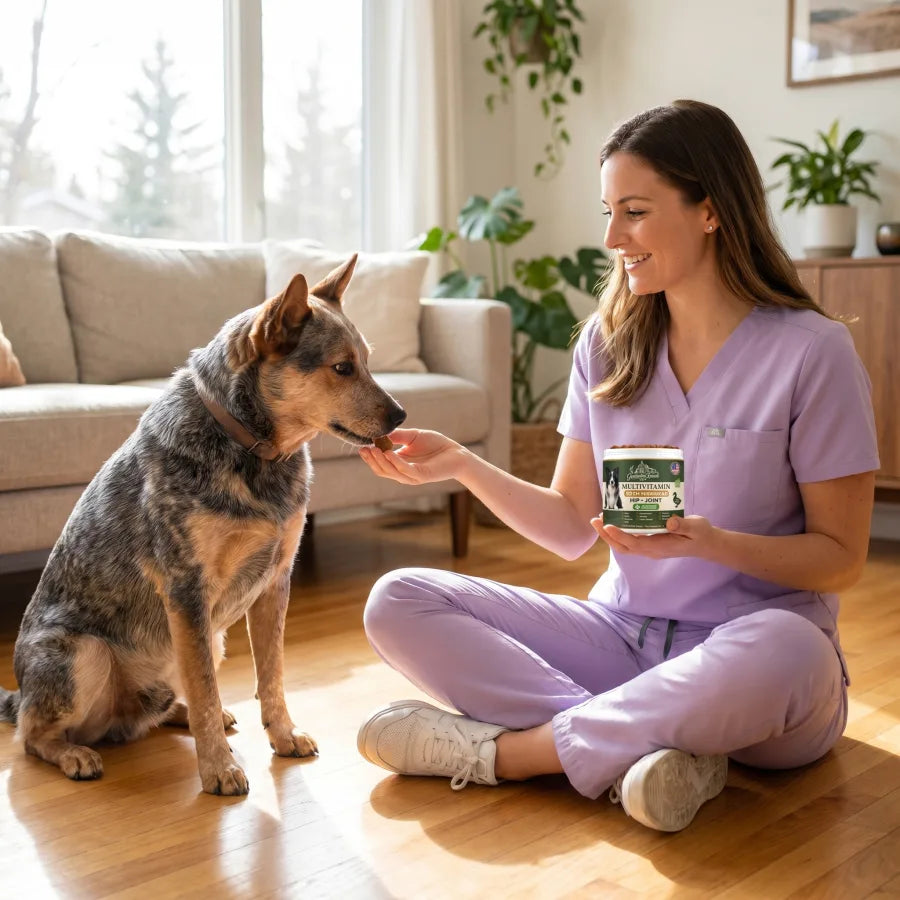 A veterinarian feeding a chew to a cattle dog